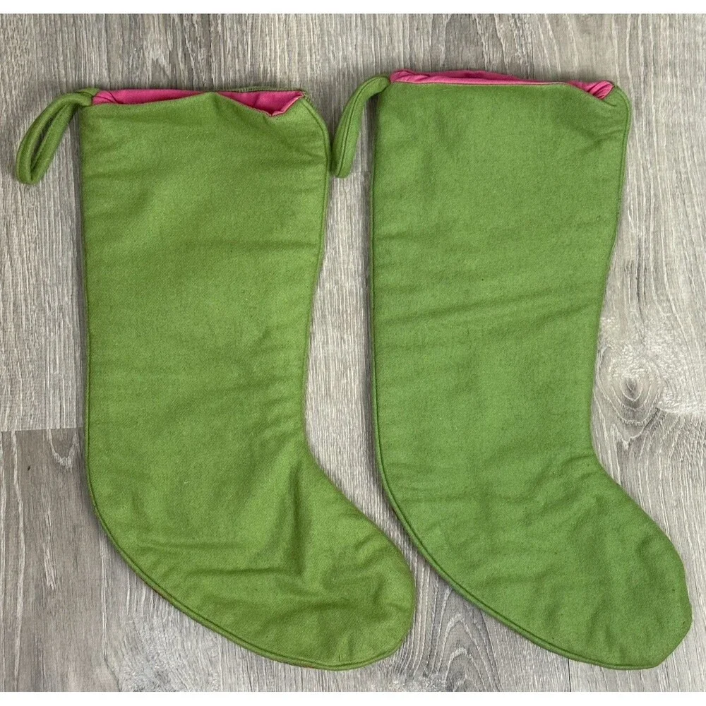 Pottery Barn Vintage Christmas Stocking Set Green CAT Needlepoint Wool Y2K Lot 2